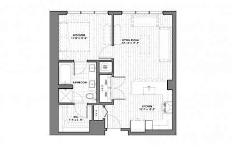 Floor plan for 1 bed, 1 bath, 720 sqft